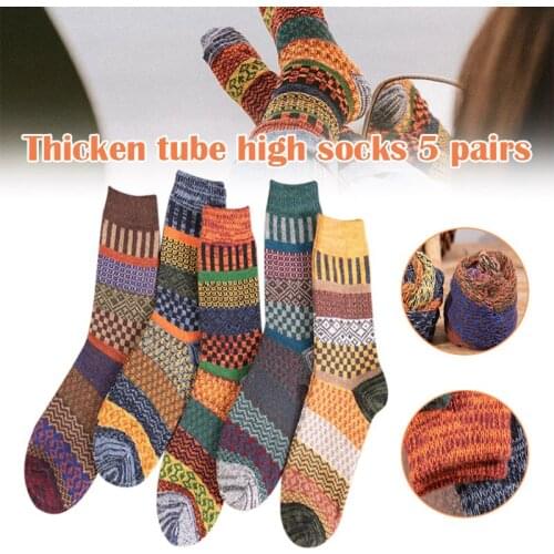 New 5 Pairs Autumn Winter Nordic Socks Thick Knitted Two-Way Colorful Patten Crew Socks Men Women Thickened Wool Socks N66