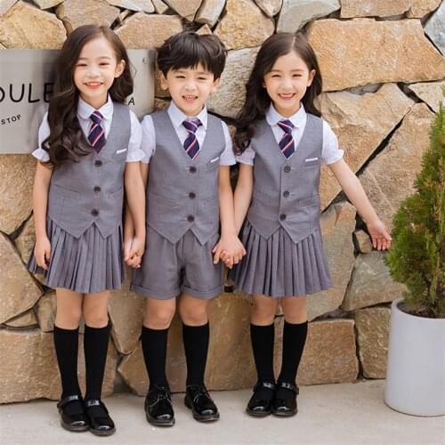 Newly Children School Uniform Top Pleated Skirt Vest Class Uniforms Korean Style Performance Suit Boys Girls Stage Wear