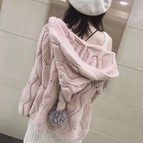 OMCHION Pink Sweater Coat 2020 Autumn Winter Clothes Korean Loose Big Fur Ball Hooded Knitted Cardigan Women Thick Jumper LYT22