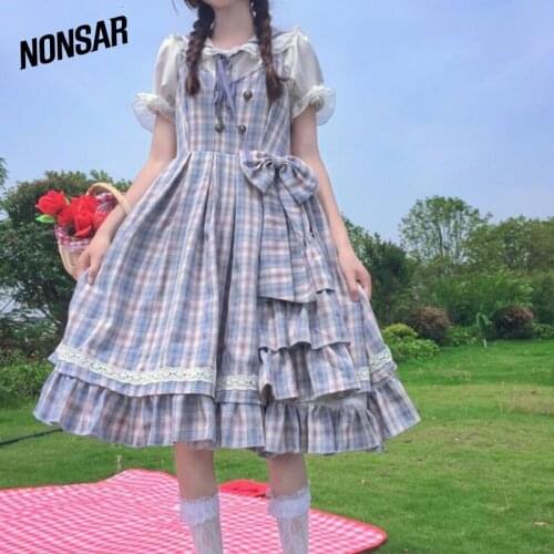 NONSAR Garden Lolita Dress Classical Navy Collar Plaid Bow Vest Ruffled Fresh For Girl Summer New 2021
