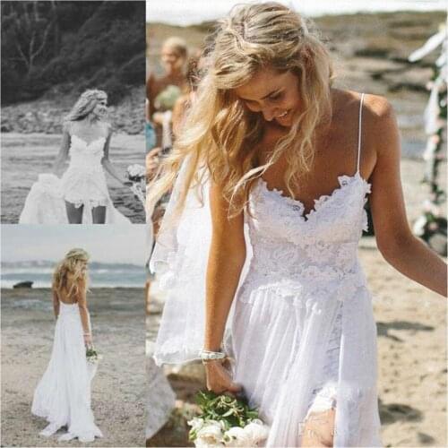 Beach Wedding Dresses 2021 A Line Chiffon Spaghetti Straps Side Split Lace Top Cheap Bridal Gowns For Party Свадебное Платье