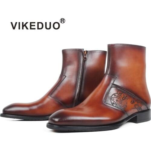 VIKEDUO Plain Patchwork Square Toe Mens Ankle Boot Patina Letter Engraving Genuine Leather Boots Brown Custom Made Botas Hombre