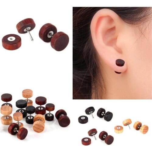 Alisouy 1 Pair Natural Wood Fake Body Jewelry Ear pierces Plugs Earrings Studs Natural Organic Retro Fake Cheater studs plugs
