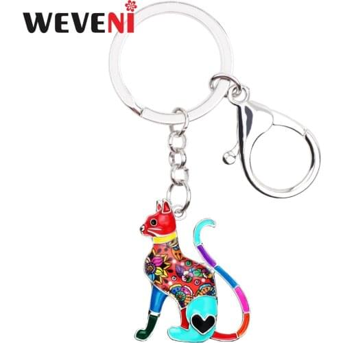 WEVENI Metal Enamel Floral Elegant Kitten Cat Key Chains Keychain Ring Fashion Animal Pet Jewelry For Women Girls Hot Car Bijoux