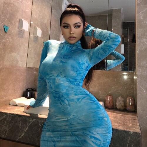 XLLAIS Print Long Sleeve Party Blue Dresses Women Long Sleeve Ruched Vestidos