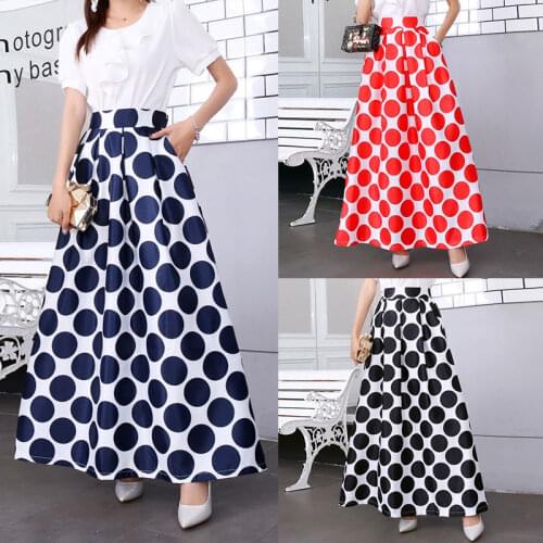 Fashion Polka Dots Summer Skirts Womens Fluffy skirt High Waist Pockets Long Skirt Vintage Print Maxi Skirt