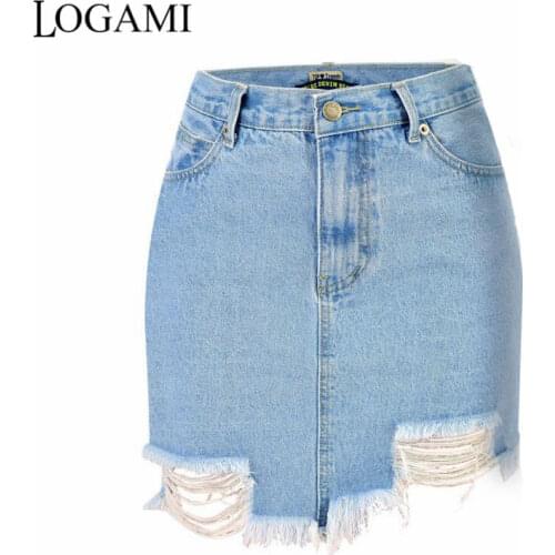 LOGAMI High Waist Pencil Jeans Skirt Woman Spring Summer Ripped Denim Skirts Womens Sexy Mini Skirt Light Blue