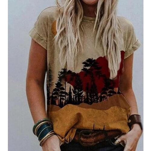 Women T-shirt 2021 Short Sleeve Landscape Print Cotton Blend O Neck Floral Tree Loose T-Shirts Top for Summer Womens Clothing