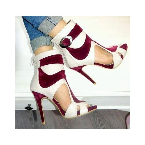Drop Shipping 2017 Hot Summer Sexy Women White Red Wine Patchwork Gladiator Cuts Out Peep Toe Zip Back Stiletto Heel Party Pumps