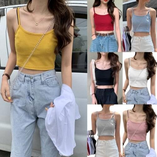 Women Summer Sexy Navel Slim Camis Vest Korean Simple Solid Color Spaghetti Strap Crop Top Basic Layer Casual Sleeveless Club St