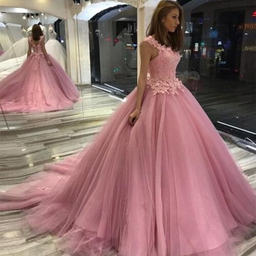 Princess Ball Gown Pink Prom Dresses Sleeveless Appliques Beaded Pink Vestido De Fiesta De Graduacion Women Formal Party Dress