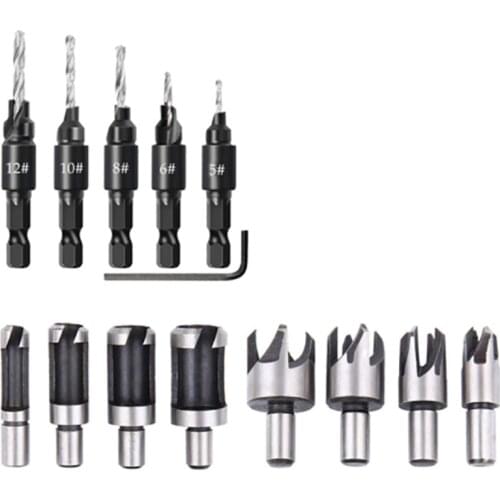 14 Pcs Wood Plug Hole Cutter Chamfered Plug Cutter Drill Bits Five-Slot Countersink Drill 1/4 Inch Hex Spanner Tool Set