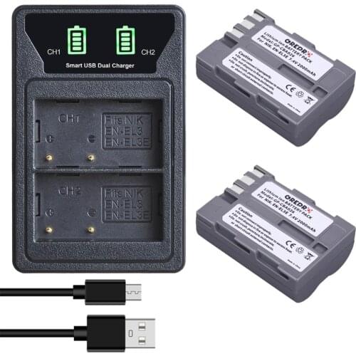 2000mAh EN-EL3e EL3e ENEL3e Battery + Dual USB Charger with type-C port for Nikon D300S D300 D100 D200 D700 D70S D80 D90 D50 L50