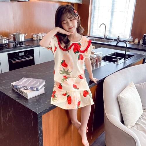 2021 Summer New Kids Pajamas Baby Girl Cute Strawberry Print Sleep Dress Ruffles Cotton Nightdress for Girls Children Nightgown