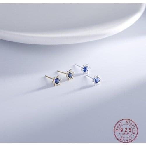 925 Sterling Silver 14K Gold Plating Japanese Exquisite Flower Blue Zircon Small Star Stud Earrings Women Sweet Party Jewelry
