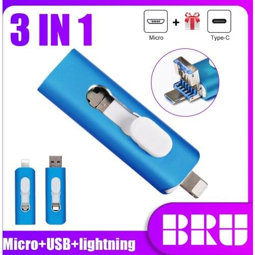 BRU 3in1 USB3.0 Flash Drive 64GB 128GB OTG Pendrive for iPhone iPad for TYPE C Android Phone Pen Drive 256GB Flash Memory Stick