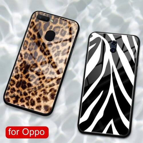 Leopard print R9s case glass back tiger zebra skin cover case for Oppo R9 R9S R11 R11S Plus R17 R15 F9 Pro Find X A7X Reno
