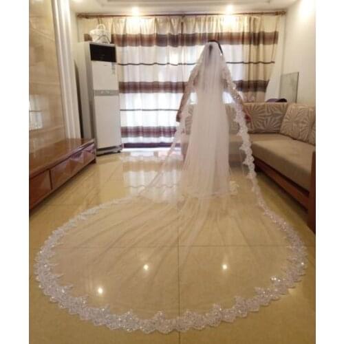 Lace Sequins 3M Long Bridal Veil High Quality Soft Tulle White Ivory One Layer Cathedral Wedding Veils
