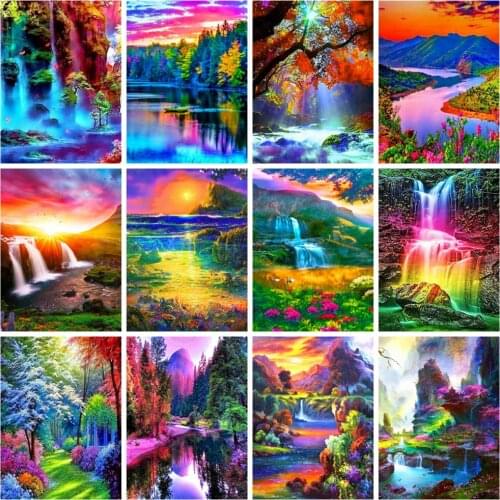 Huacan Diamond Painting Kit Waterfall Color Scenery Mosaic Sunset Landscape Embroidery Mountain Home Decor Diamond Art