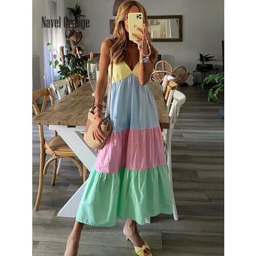 New Women Casual V-Neck Patchwork Sling Party Dress Summer Sleeveless Sweet Long Ladies Dress Fashion Elegant Streetwear Vestido