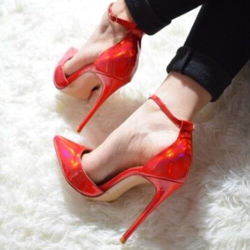 New Arrivals Red Hologram Iridescent Pumps Reflective Patent Leather Ankle Strap Wedding Shoes Shallow Stiletto Heels Shoes