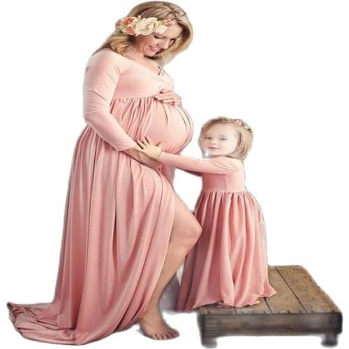 Mother And Daughter Dress Family Matching Clothes Maxi Gown Maternity Photography Props Summer Pregnancy Women Girls Dresses