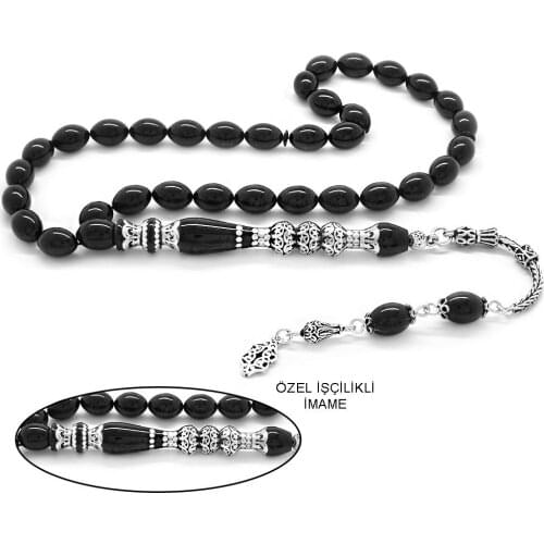 Tesbihane 925 Sterling Silver Tassels Silver Three Balconied Nakkaş İmameli Black Shrink Amber Prayer Beads