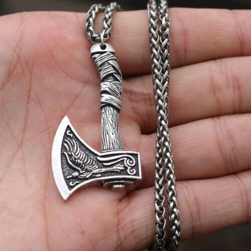 Slavic Axe Pendant Necklace Double-sided Rune Viking Odin Raven Wolf Amulets Trinity Talismans Nordic Ancient Bronze Jewelry