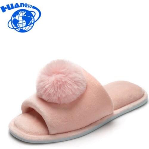 HUANQIU New Winter Warm Women Slippers Wearable Cotton-padded at House Soft Home Slippers Indoor Soft Pompon Non-slip Shoes FM13