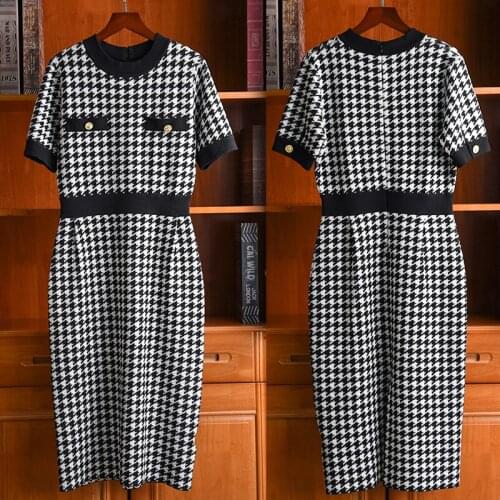 Thousand bird lattice short sleeve knitted dress fall / winter 2019 new style ladies' temperament