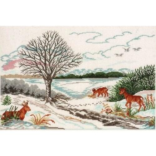 Embroidery Winter Landscape with Deer Counted Cross Stitch Kits Christmas with 100% Cotton Floss & Free Shipping for Wall Decor