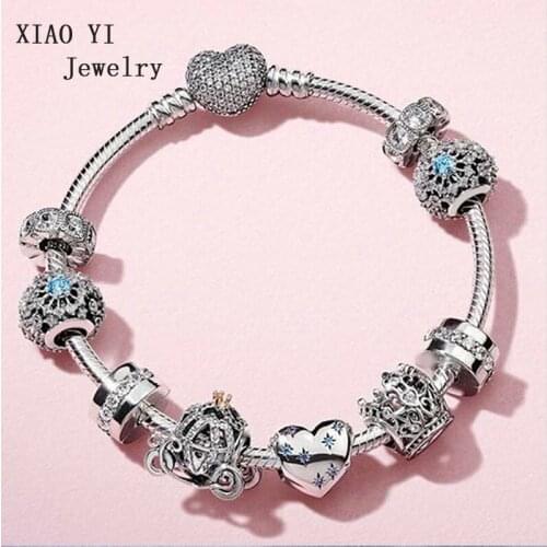 XIAOYI 100% s925 crown pumpkin car winter snow heart angel wings pendant charm bracelet gentle lovely beautiful
