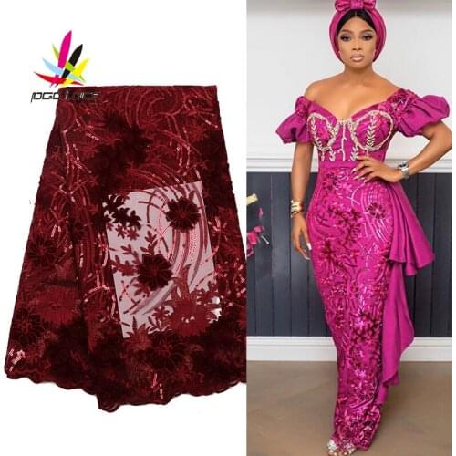 Velvet Fabric Lace Mesh Fusia Rose Red Onion Color Flower Party Dress Apparel Clothing African Nigeria Frech High Quality Best