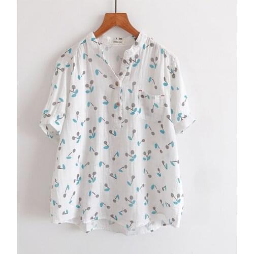 2020 New Summer Women Blouse Japan Style Literary Floral Print Double Cotton Tops Stand Collar Short Sleeve Women Shirt
