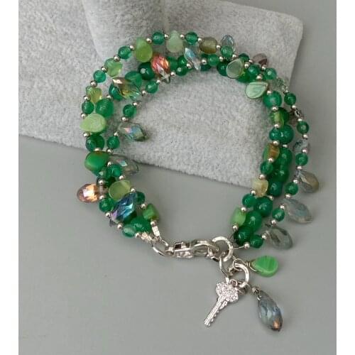YYGEM 3 Strands Round Green Agate faceted teardrop Crystal Beaded Cz Pave Key Charm Bracelet 8"