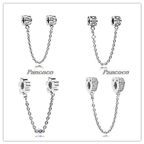 925 Sterling Silver Charm Wildflower Meadow With Purple Crystal Safety Chain Beads Fit Pandora Bracelet & Necklace DIY Jewelry
