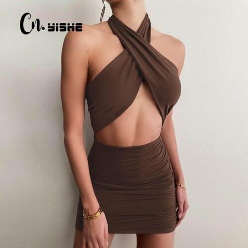 CNYISHE Drawstring Pleated Sexy Cut-Out Dress Womens Halter Mini Dresses Party Club 2021 Fashion Black Backless Dress Vestidos