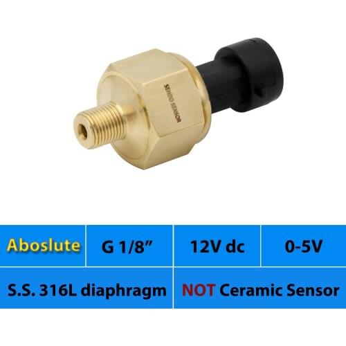 Absolute pressure sensor, 12 V, 24V dc supply, 0 5V signal, small size, 15, 50, 75 psi, 10bar. 2.5mpa, 16 bar, IP65, G1 8, water