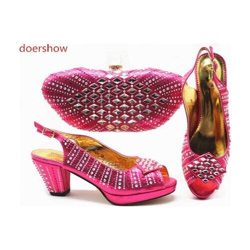 Doershow Fashion Rhinestone fuchsia Shoes And Bag Set Newest African Women High Heels Pumps Matching Purse For Wedding!STB1-9