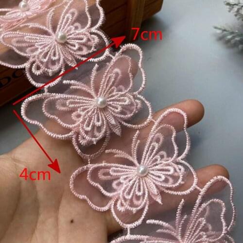 10X 3D Pink Pearl Double Layer Lace Trim Ribbon Mesh Bowknot Embroidered Applique Fabric DIY Wedding Dress Sewing Supplies 7CM