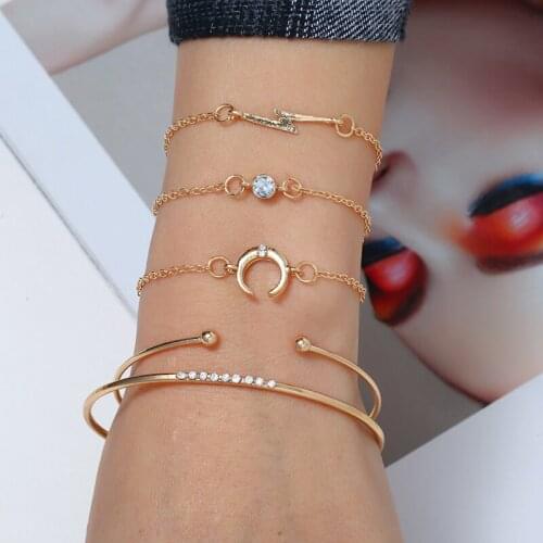 HOCOLE 5Pcs/Set Handmade Gold Metal Charm Link Chain Bracelet Bangle Sets For Women Fashion Moon Crystal Female Bracelet Jewelry