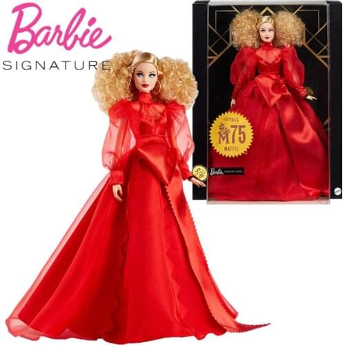 Mattel Barbie Doll Collector 75th Anniversary Doll in Red Chiffon Gown Blonde Edition Dolls Toys Girls Birthday Gift Toy GMM98