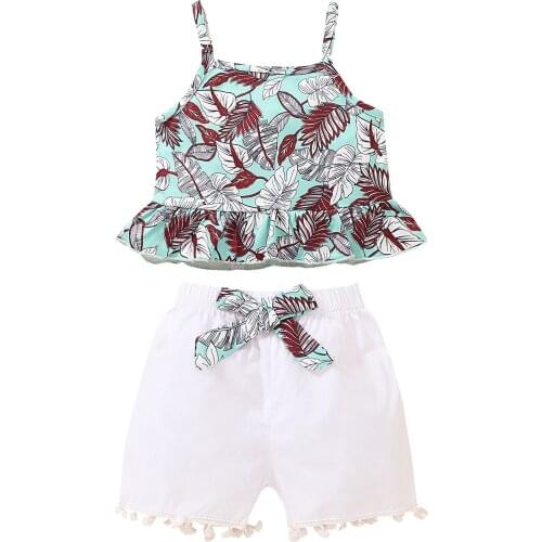 Summer Baby Girls Two-piece Clothes Blue Leaves Printed Square Neck Sleeveless Tops and White Elastic Waist Tassel Shorts