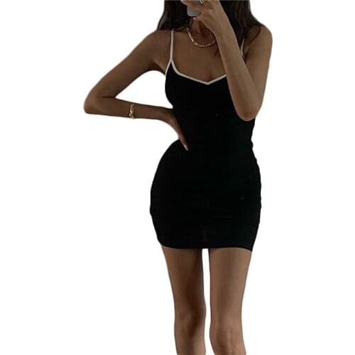 2021 Fashion Trend Women’s Summer Casual Sexy Suspender Dress Contrast Color V-neck Backless High Waist Tight Mini Dress