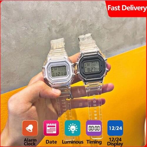 Fashion Womens Digital Watch transparent silicone strap watch square luminous waterproof watch female student watch