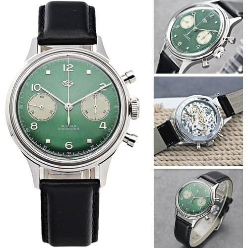 SEAKOSS RED STAR 1963 Pilot Men Chronograph ST19 Hand Wind Movement Military Mechanical Watch Mens With Gooseneck 38mm Green