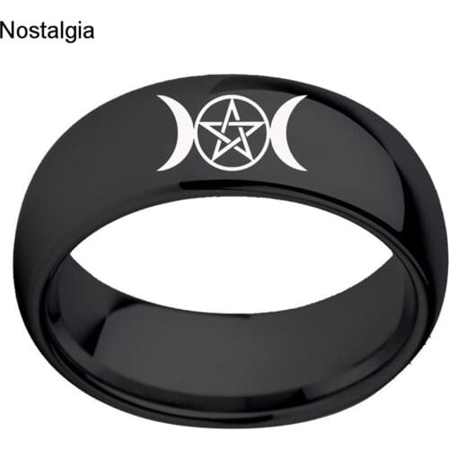 Triple Moon Goddess Wicca Crescent Moon Black Ring Titanium Steel Pentagram Pagan Womens Men Jewelry Free Shiping 2019