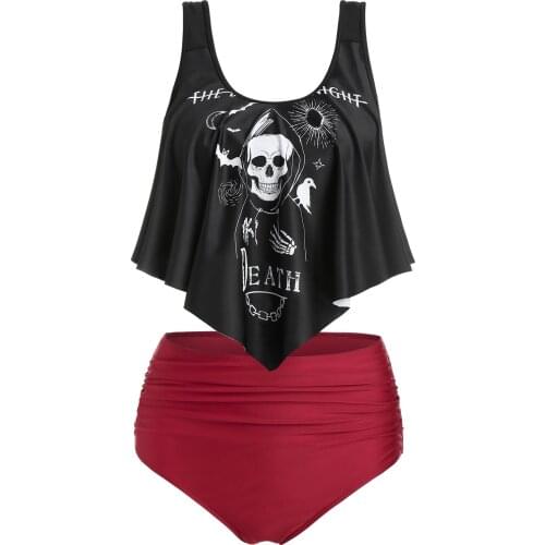 Wipalo Gothic Women Skull Graphic Padded High Waist Tankini Swimwear Casual Swimsuit Ladies Two Pieces Bathing Suits Beach Wear