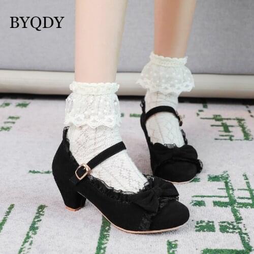 BYQDY Round Toe Suede Mary Jane Pumps Lolita Shoes Hoof Heels Buckle Strap Wedding Shoes Thick Heel Pumps Lady Footwear Plus 11