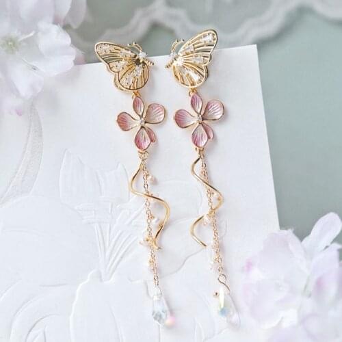 MENGJIQIAO Hot Sale Elegant Hollow Zircon Butterfly Drop Earrings For Women Fashion Metal Pink Flower Pendientes Accessories